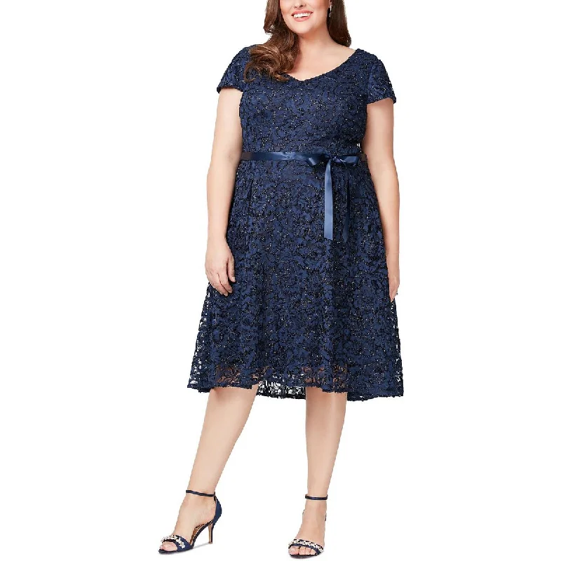 Alex Evenings Womens Plus Metallic Lace Fit & Flare Dress