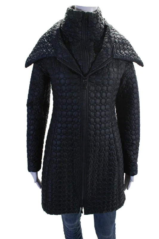 Dawn Levy Womens Quilted High Neck Zip Up Mid-Length Jacket Navy