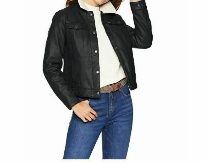 Classic Faux Sherpa Lined Faux Leather Trucker Jacket In Black