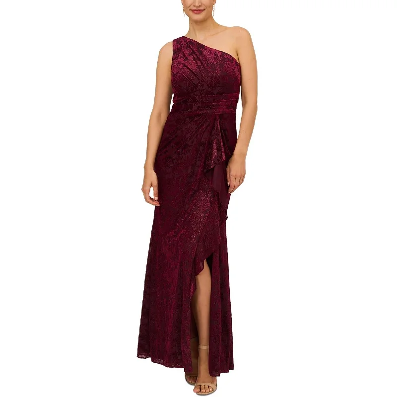 Adrianna Papell Womens Velvet One Shoulder Evening Dress