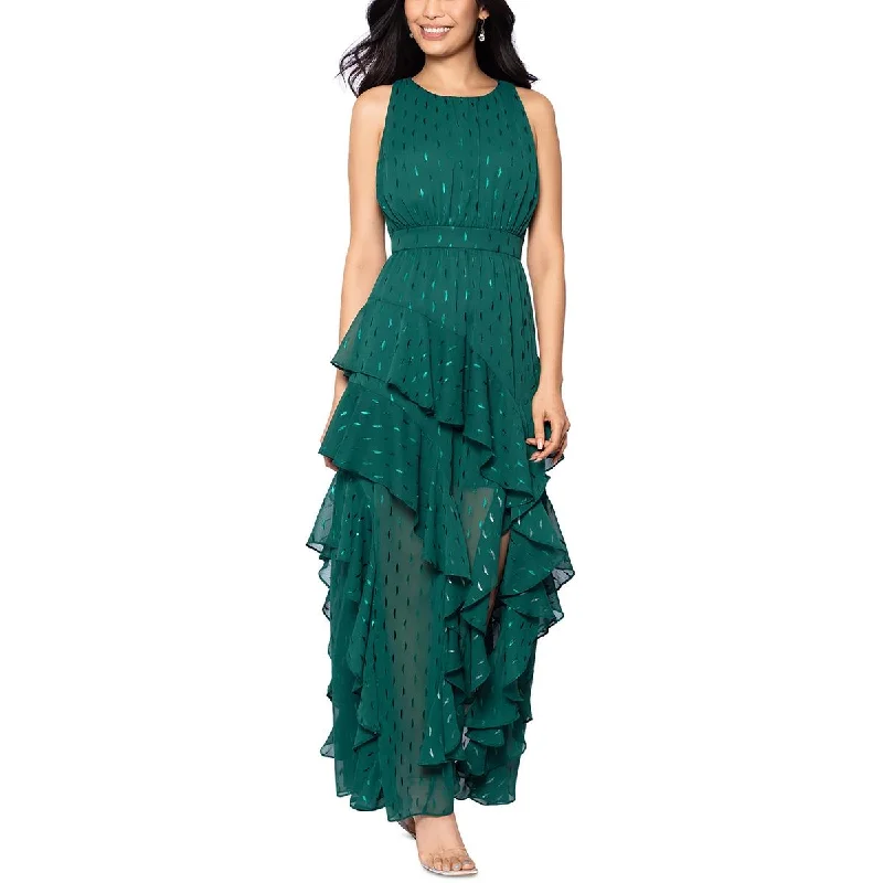 Betsy & Adam Womens Metallic Cascade Ruffle Evening Dress