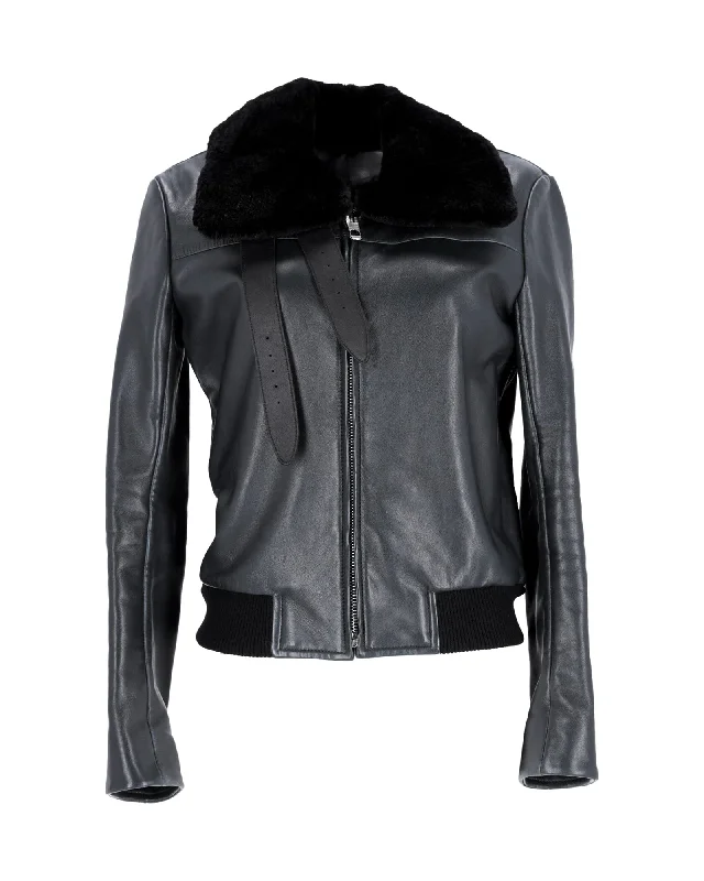 Balenciaga Fur Collar Biker Jacket in Black Leather