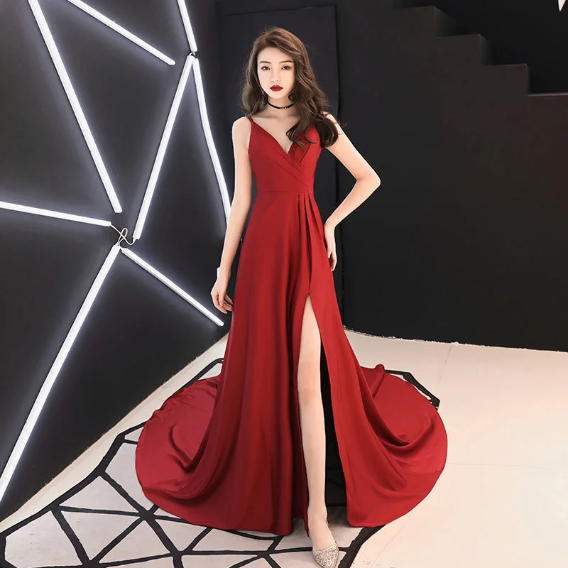 Burgundy v neck chiffon long prom dress, evening dress  7905