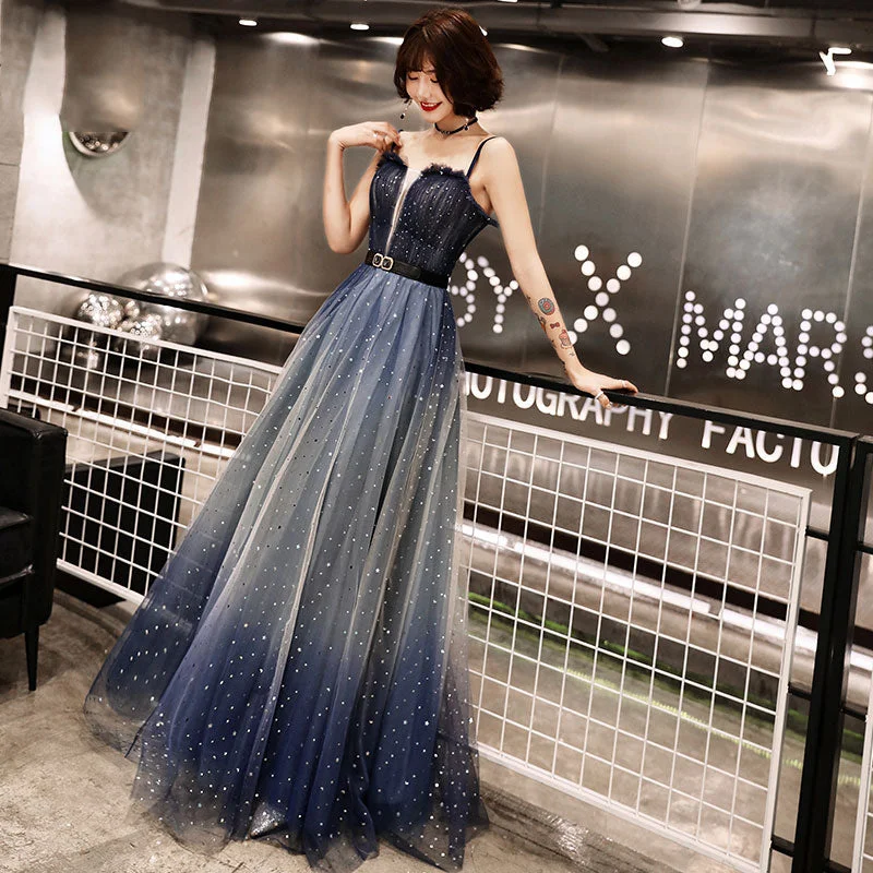 Dark blue tulle long prom dress, evening dress  7983