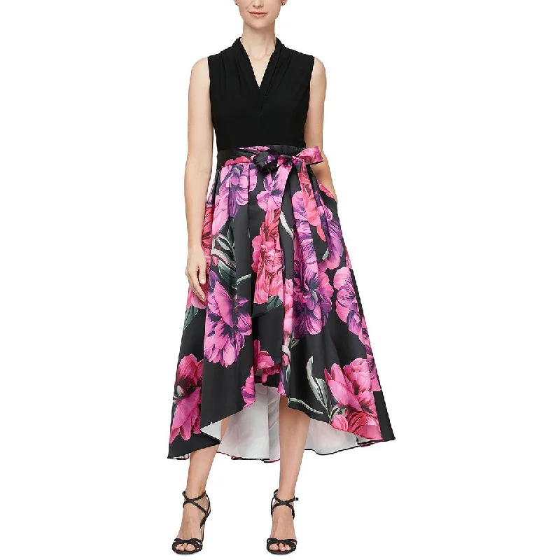 SLNY Womens Floral Print Hi-Low Evening Dress