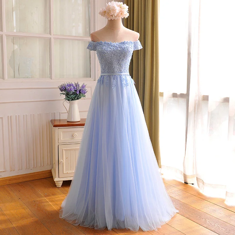 Blue tulle lace long prom dress, blue evening dress  8012