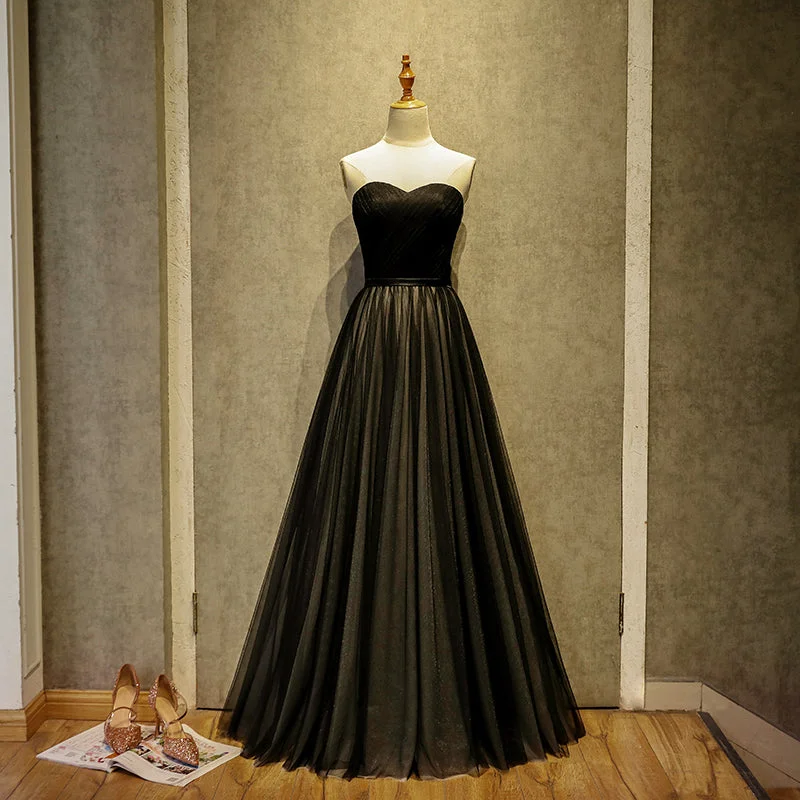 Black sweetheart neck tulle long prom dress, black evening dress  7926