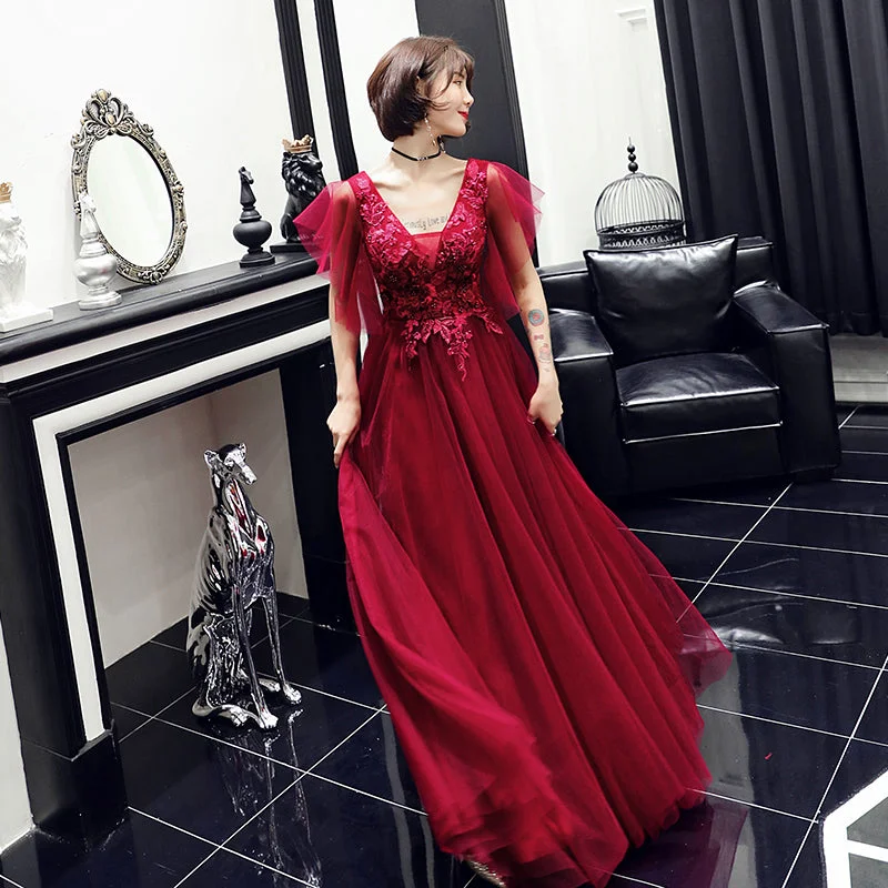 Burgundy v neck tulle lace long prom dress, evening dress  8029