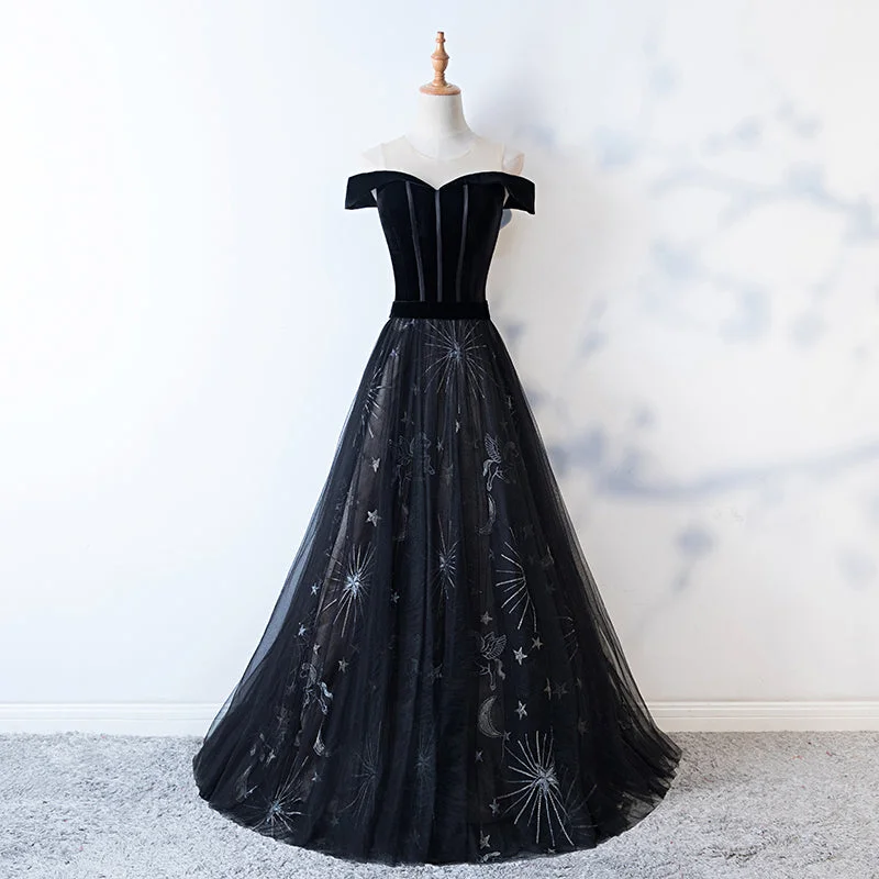 Black tulle velvet long prom dress, evening dress  7992