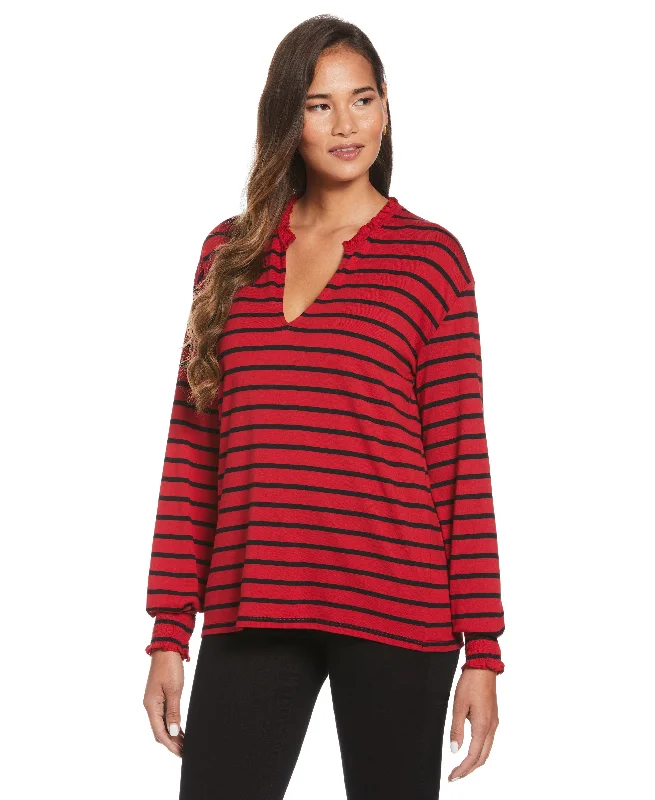 Split V Neck Striped Blouse