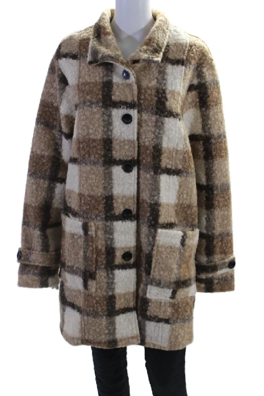 Shana Womens Geometric Patterned Button Up Soft Textured Coat Brown