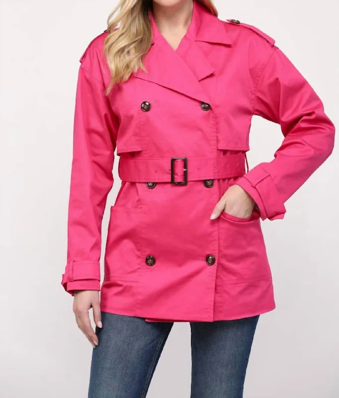 Belted Short Trench Coat In Fuchsia