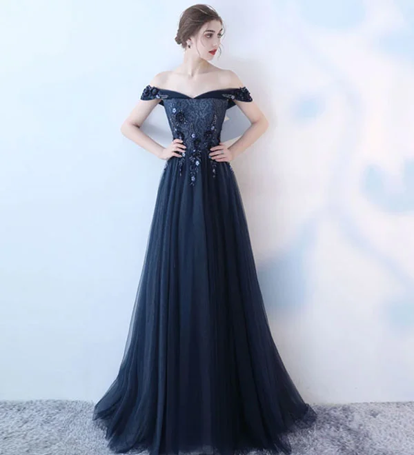 Blue tulle lace long pro dress, blue evening dress  8154