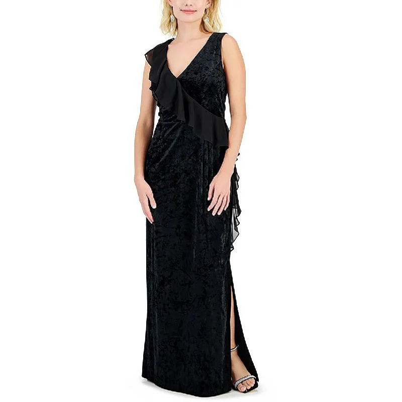 Connected Apparel Womens Petites Velvet Ruffled Evening Dress