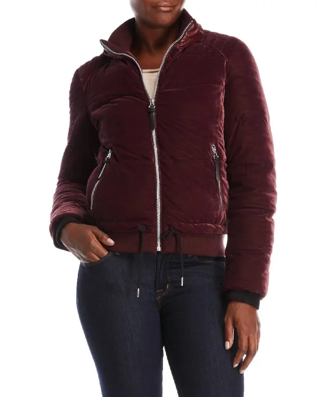 Quilted Velvet Bomber Puffer Jacket In Red