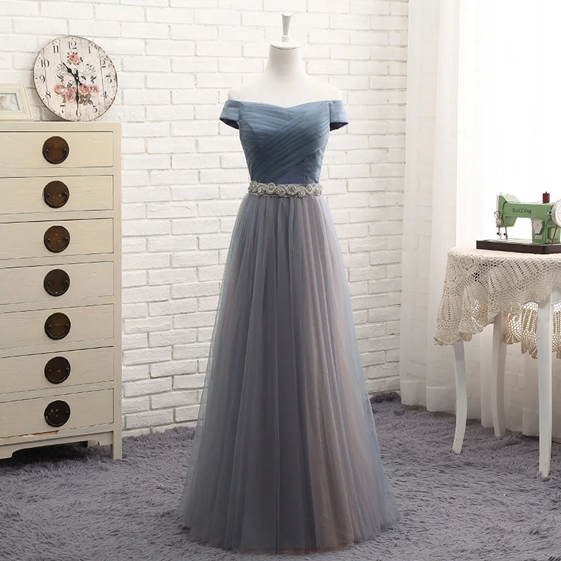 Gray tulle off shoulder prom dress, evening dress  7773