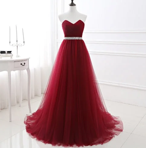 Burgundy sweetheart neck long prom dress,burgundy evening dresses  7115