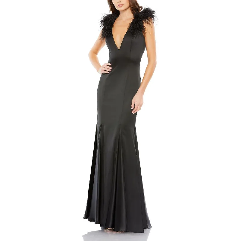 Mac Duggal Womens Satin Feathers Evening Dress