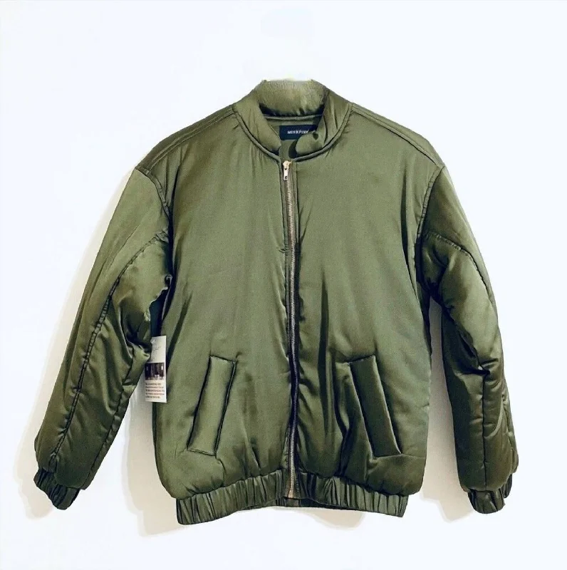 Women's Simple Bomber Puffer Jacket In Green