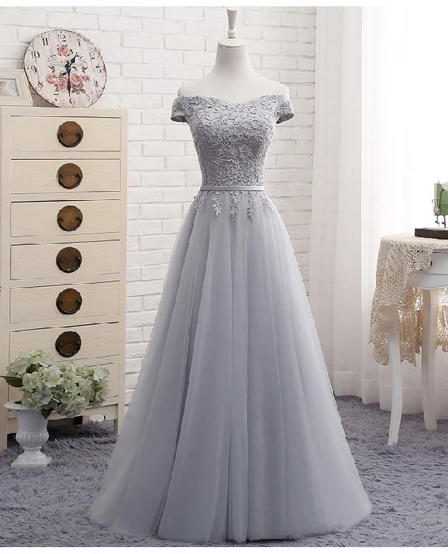 Cute A line gray lace off shoulder prom dress, cheap evening dresses  7792