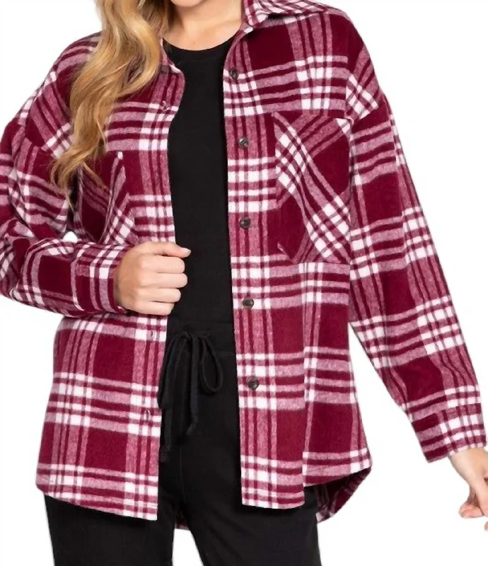 Leslie Oversized Plaid Shacket In Burgundy