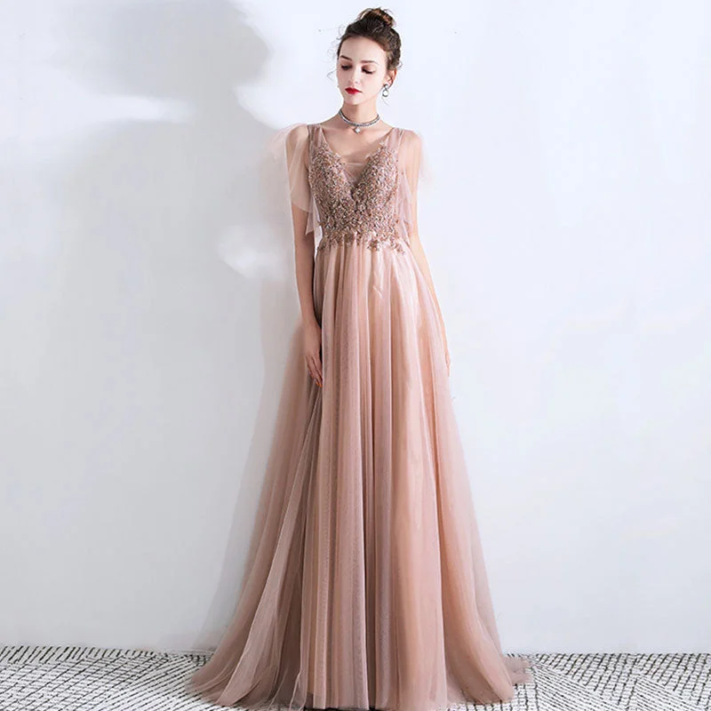 Elegant v neck tulle long prom dress, lace evening dress  8026