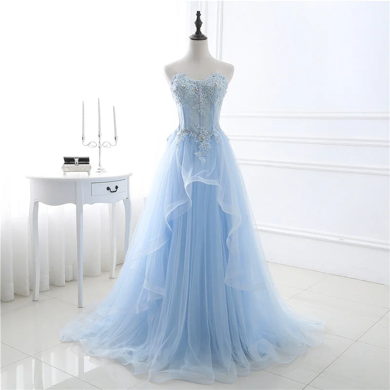 Blue tulle lace long prom dress, blue lace evening dress  8039