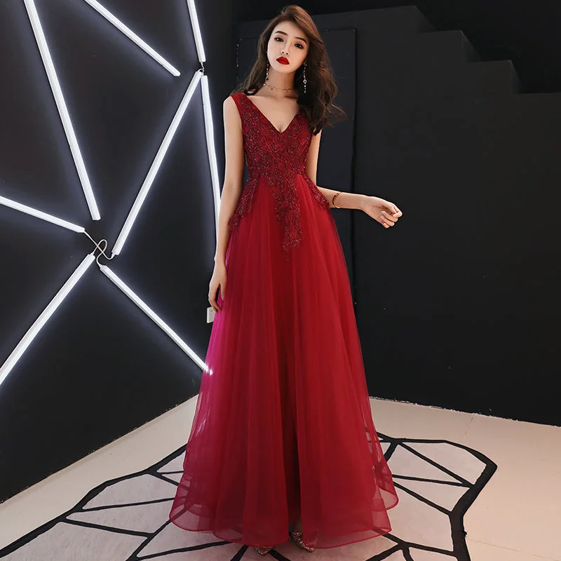 Burgundy v neck tulle lace long prom dress, evening dress  8004