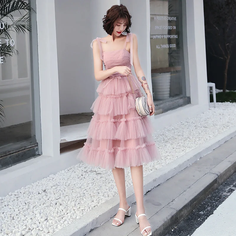 Pink tulle short prom dress, pink evening dress  8053