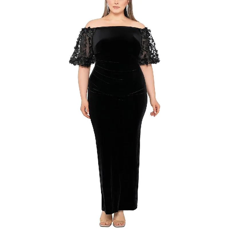 Xscape Womens Plus Velvet Floral Evening Dress