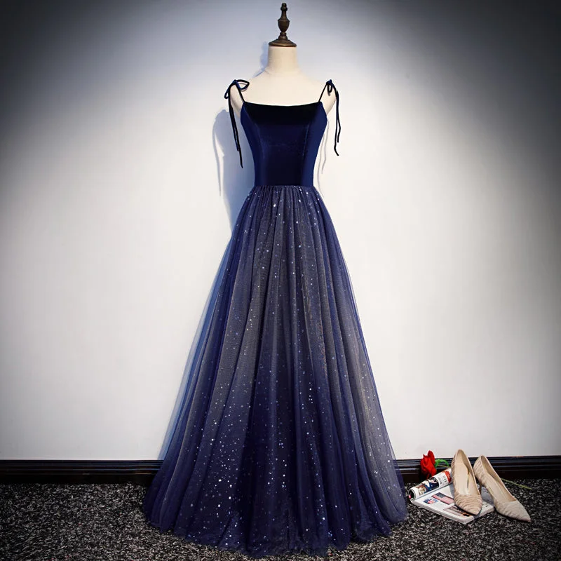 Blue tulle velvet long prom dress, blue evening dress  7914