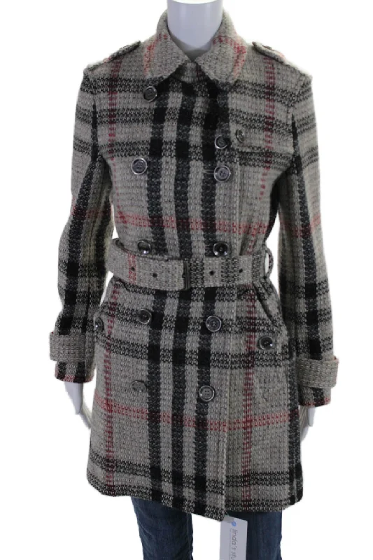 Burberry Brit Womens Wool Plaid Collared Two Pocket Button Up Coat Gray