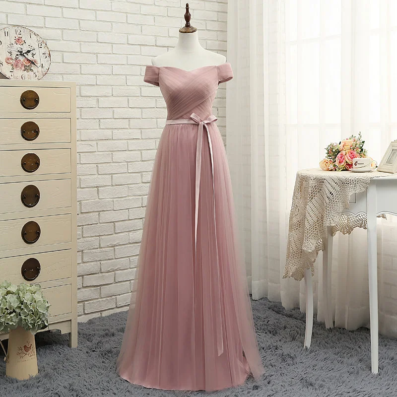 Pink tulle off shoulder A line long prom dress, pink evening dresses  7795