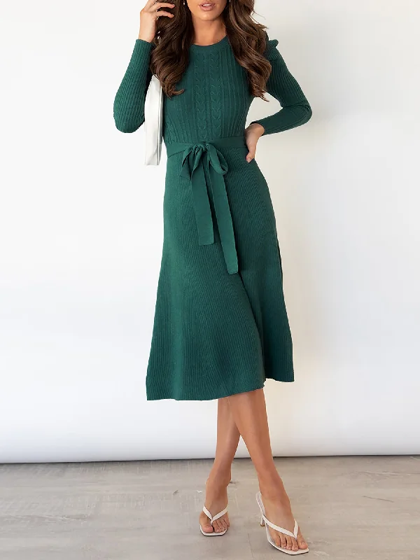 Puff Long Sleeves Knitted Lace-Up Midi Sweater Dress