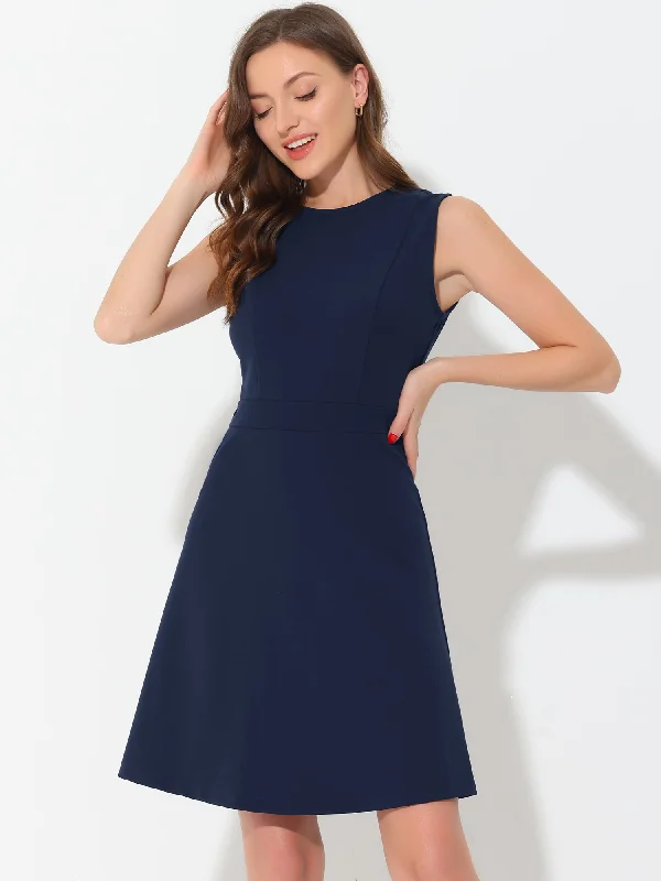 Round Neck Solid Color Sleeveless A-Line Work Midi Dress