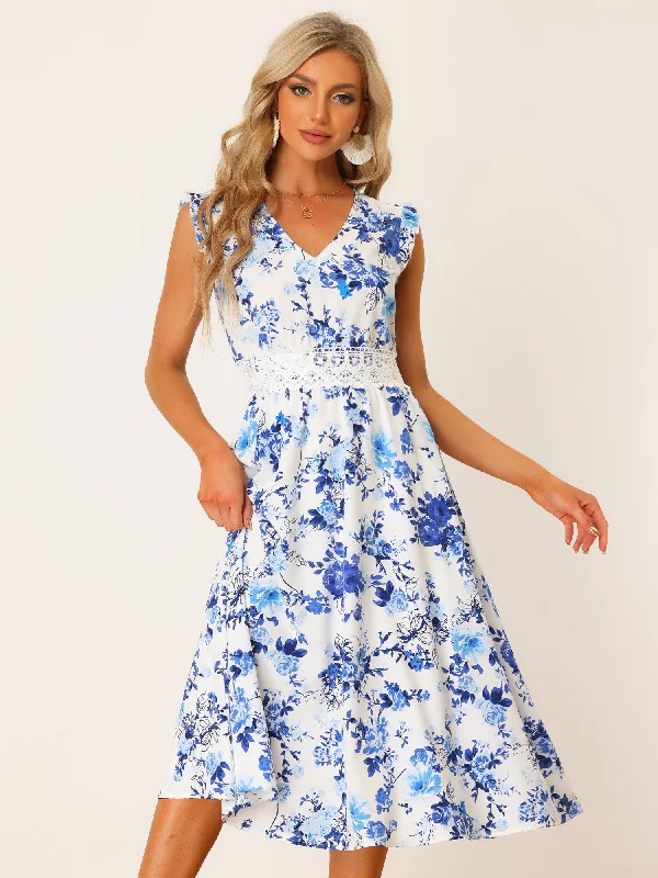 Boho Chic V Neck Lace Insert Waist Midi Floral Sundress