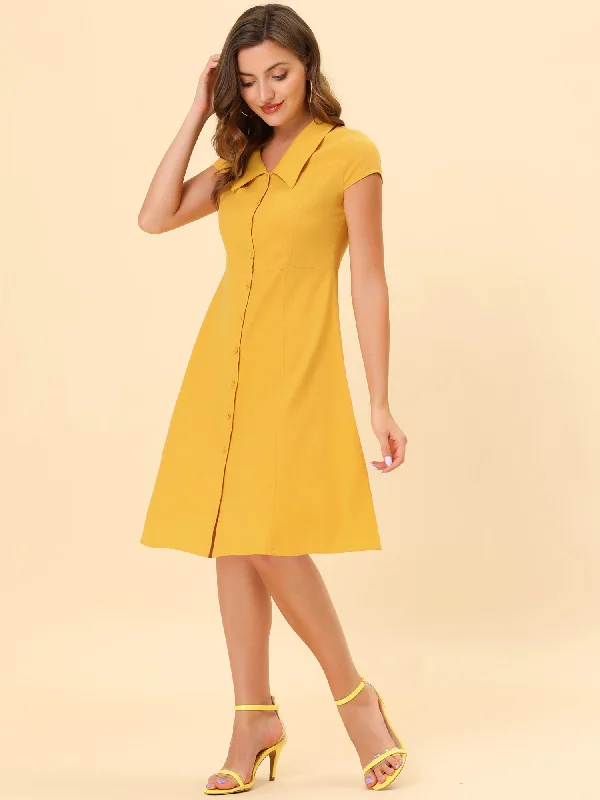 Cap Sleeve Cotton Shirtdress Work Collar Midi Button Down Dress