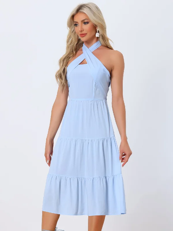 Halter Neck Smocked Sleeveless Slim Fit Vacation Midi Tiered Dress Sundress