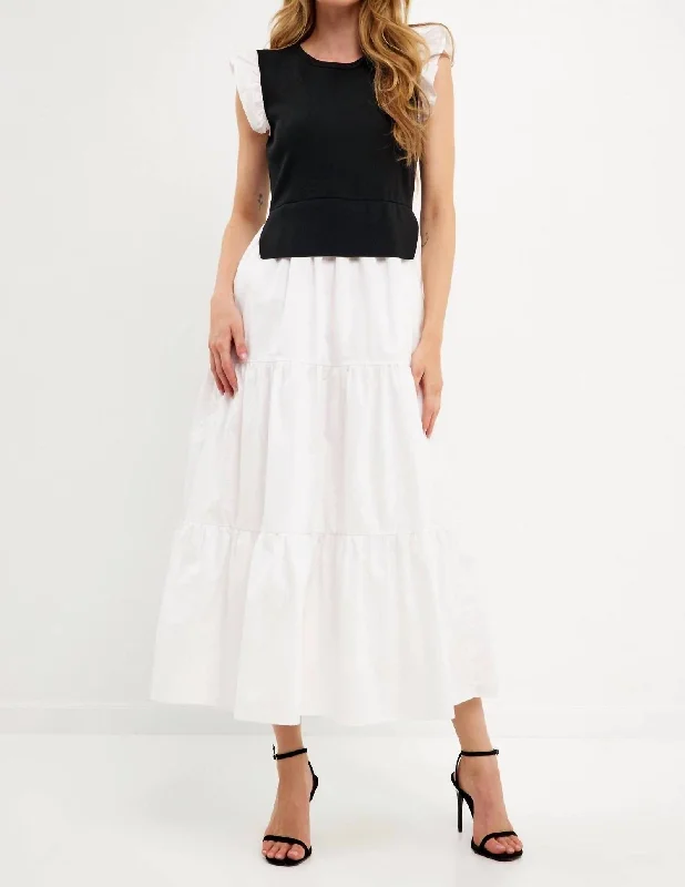 Mable Mixed Media Maxi Dress In Black/white