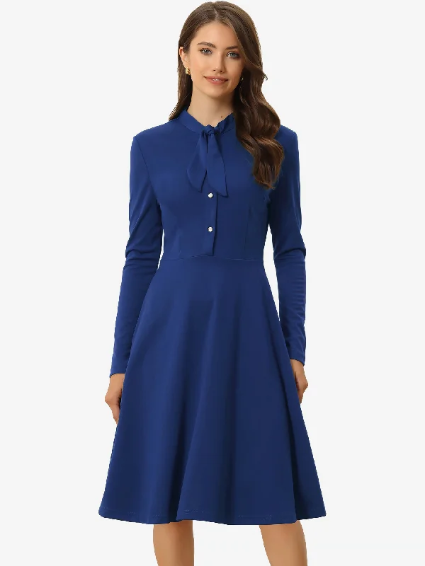 Tie Neck Knit Long Sleeve Midi Solid Work Sheath Dress