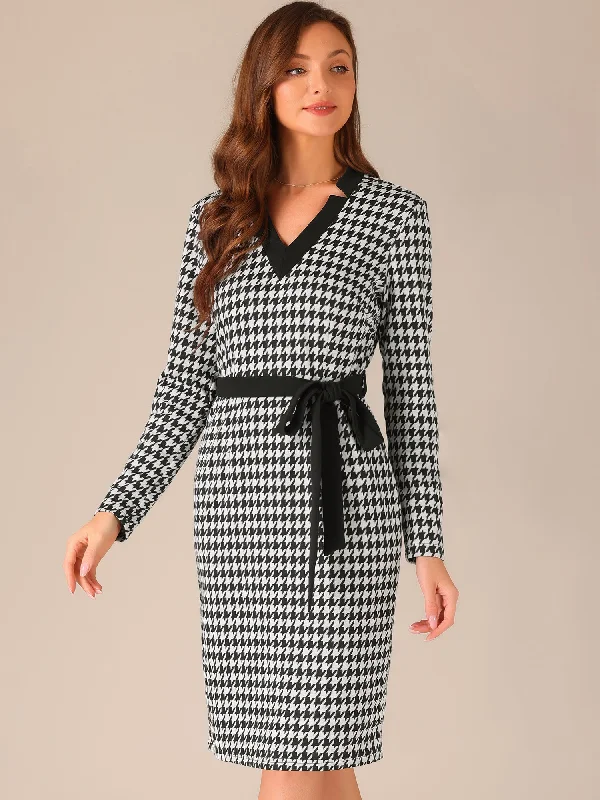 Houndstooth V Neck Belted Long Sleeve Bodycon Midi Dress