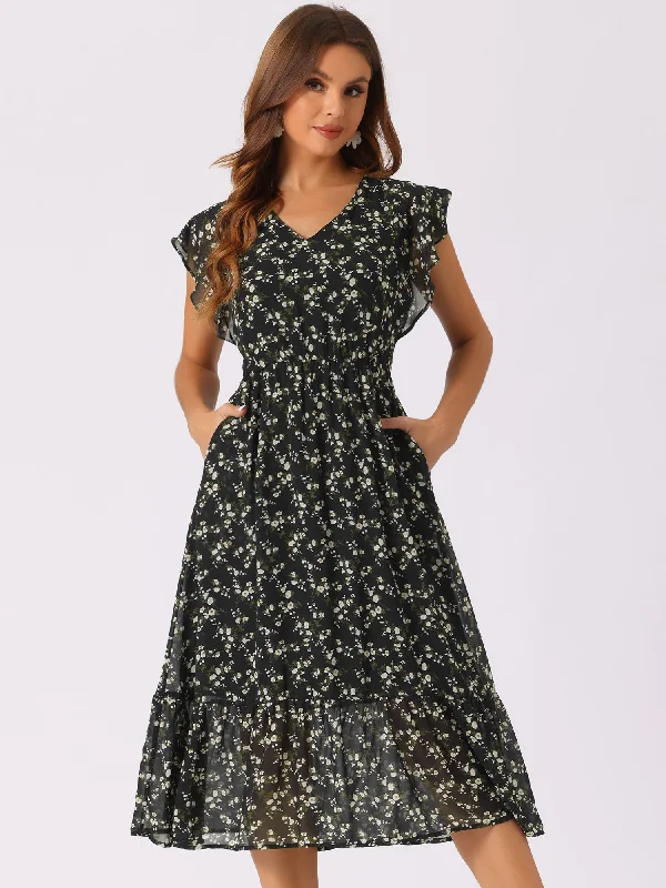 Floral Flutter Sleeve Pockets Ruffled Chiffon Midi Dress