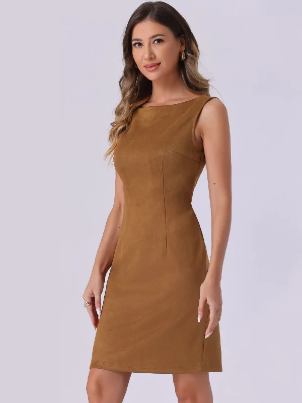 Faux Suede Boat Neck Sleeveless Sheath Midi Dress