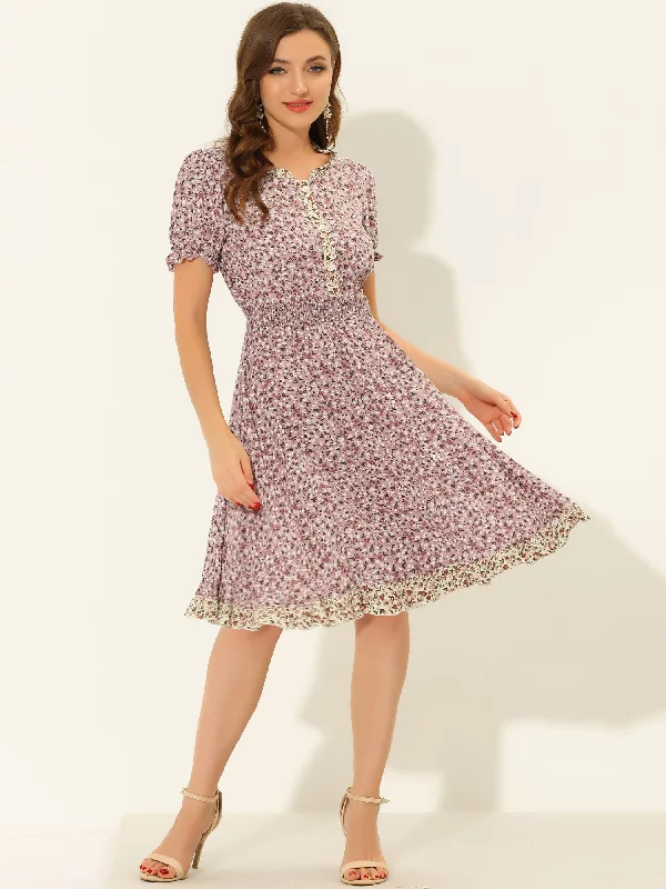 Floral Ruffle Neck Smocked Waist Short Sleeve Midi Dress