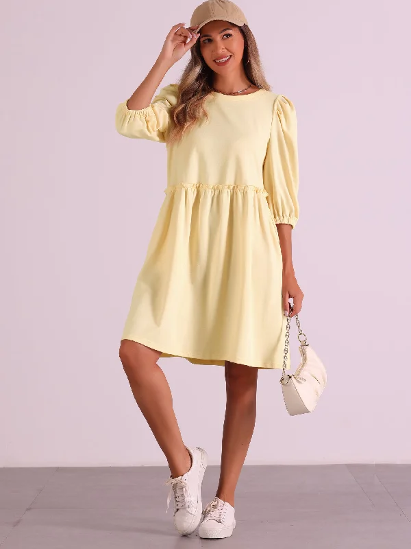 Scoop Neck Pocket Puff Sleeves Ruched Casual Midi Dress