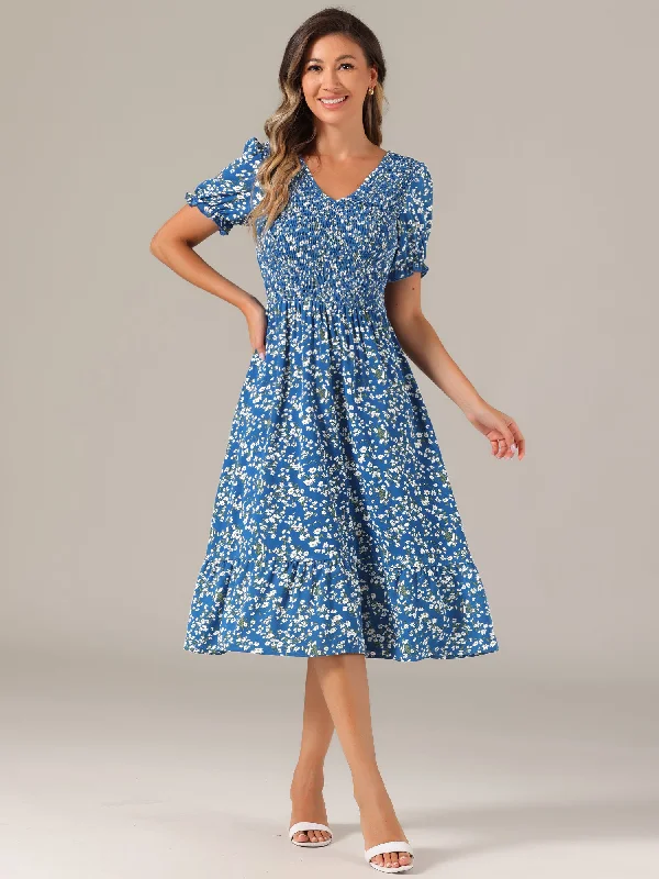 Floral Shirred Puff Short Sleeves V Neck Ruffled Hem Midi Dress