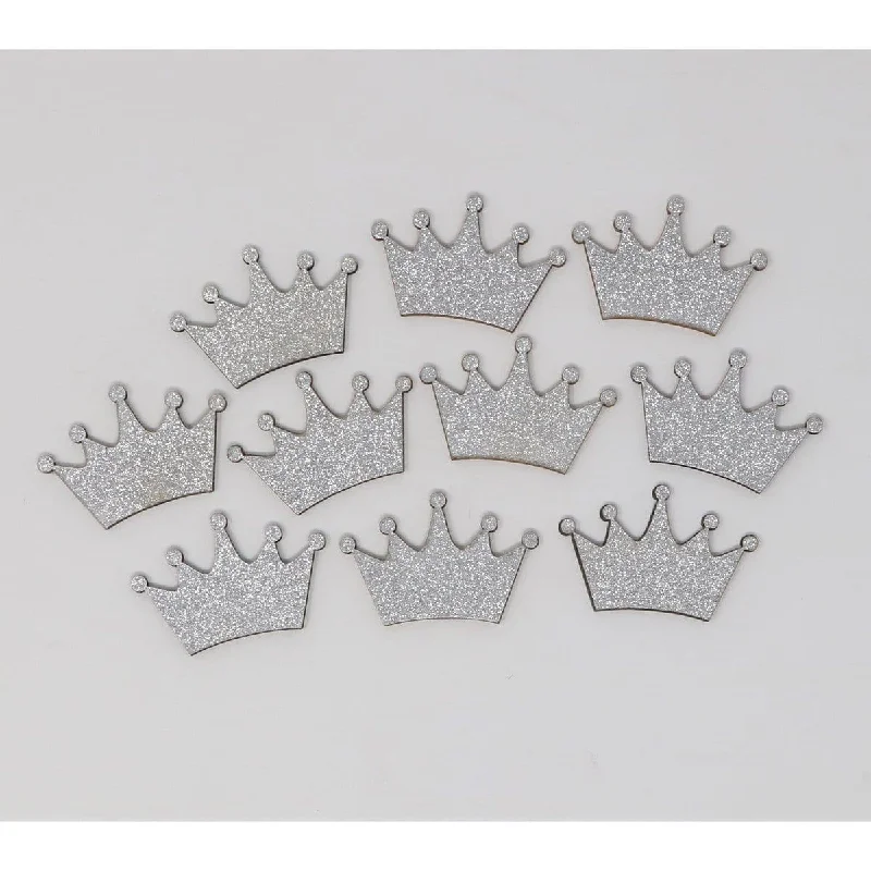 Silver wooden mini crown embellishments, 10 per package