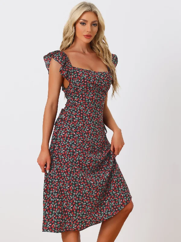 Floral Cherry Print Lace-up Square Neck Ruffle Midi Dress Sundress