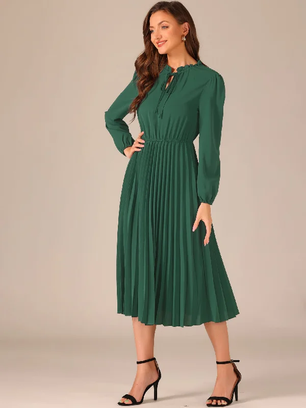 A-Line Flowy Long Sleeve Tie V Neck Pleated Midi Dress