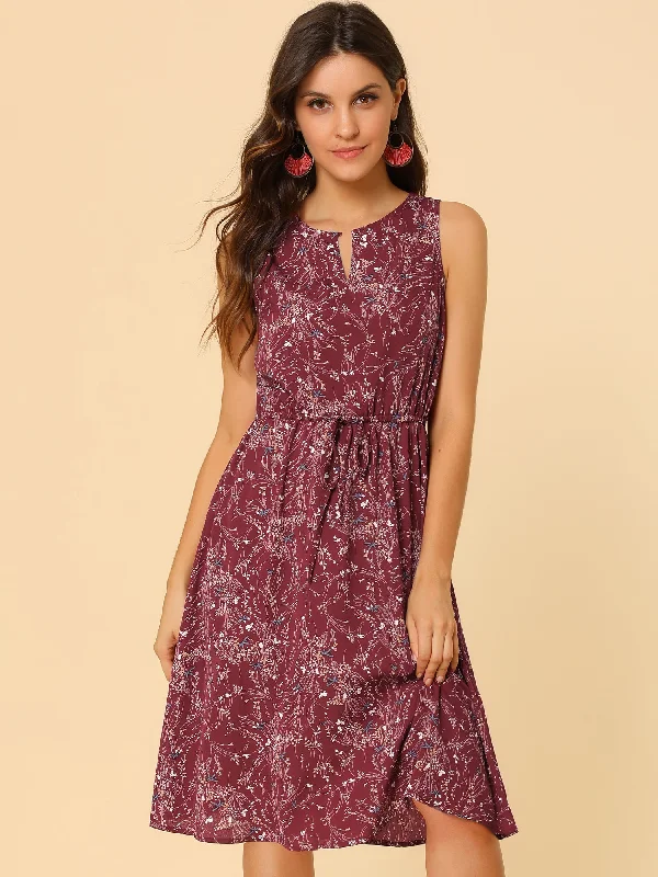 Floral Drawstring Waist Sleeveless A-Line Midi Dress Sundress